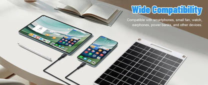 Portable solar power bank with two USB ports, suitable for outdoor camping, charging mobile phones or other electronic devices.