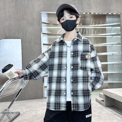 Baby Boys Shirts Fashion Classical Black White Color Plaid Blouse Gentlemen's Long Sleeve Shirt Teen Kids Tops Boys Clothes 5-14