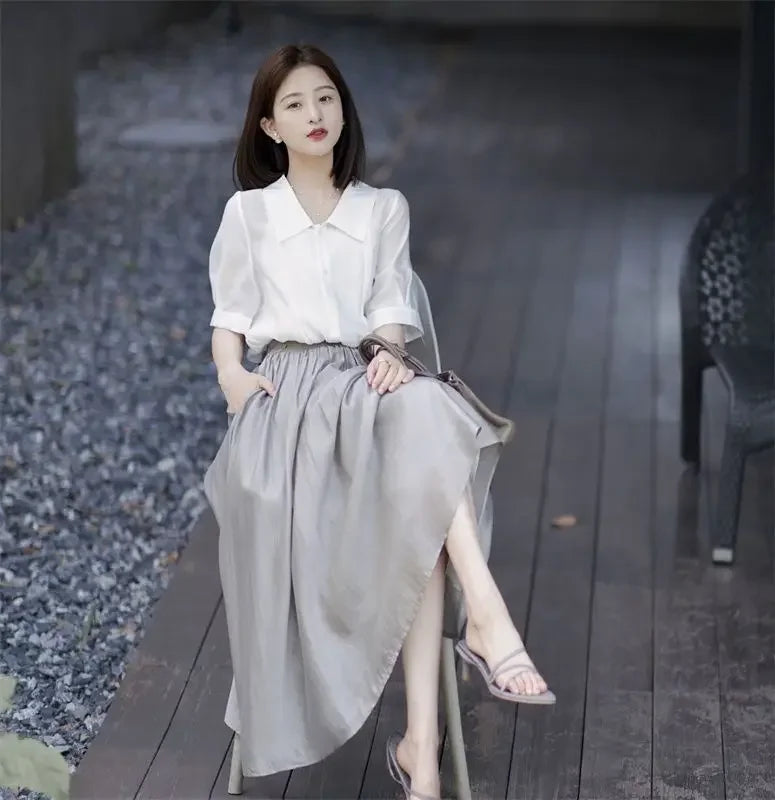 Skirts for Women Silk Clothing Office Satin Long Womens Skirt Maxi Grey with Pocket Formal Trend Korean Style Cheap Summer 2024