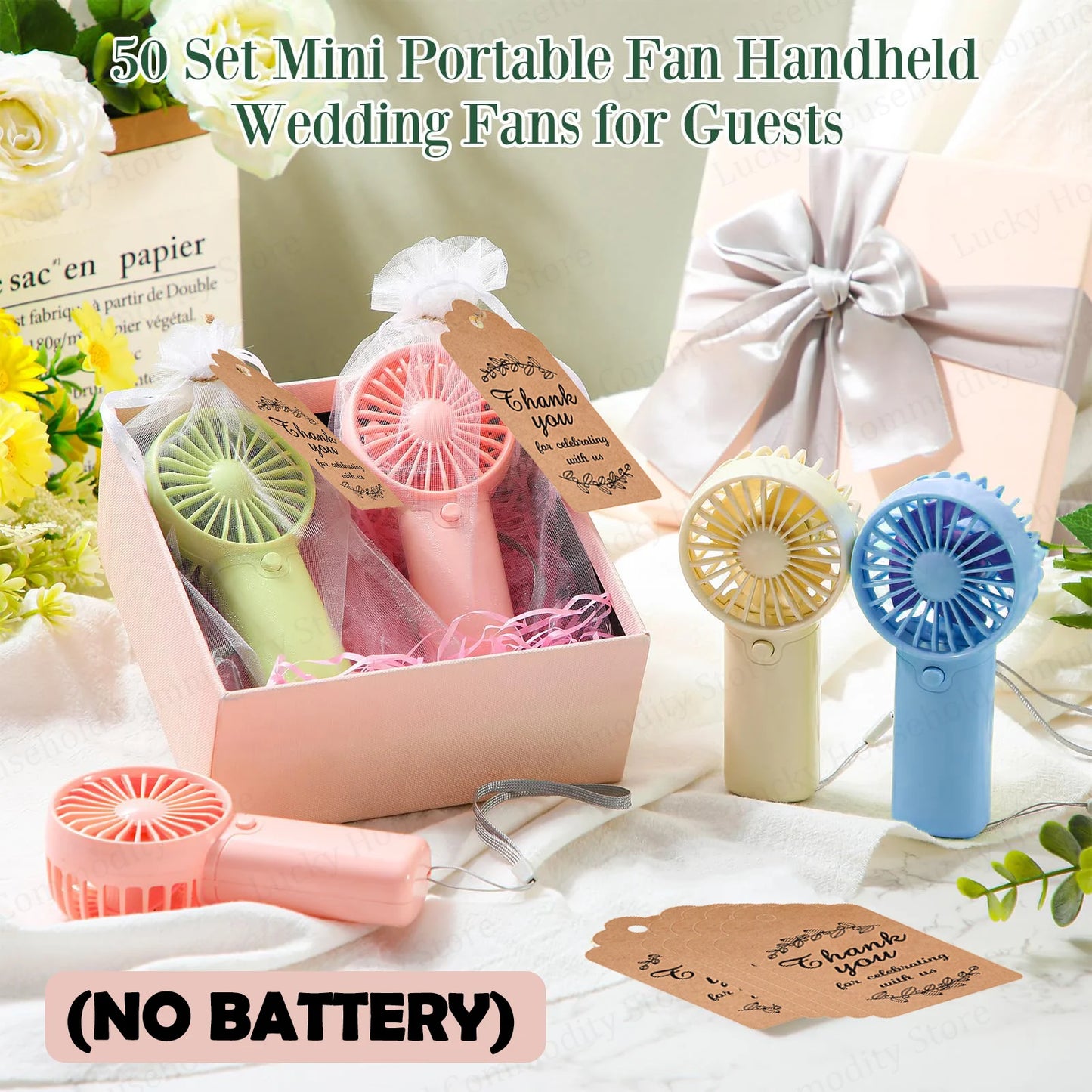 12-120PCS Portable Handheld Fan Bulk Wedding Fans for Guest Mini Handheld Fan Battery Powered Fans with Thank You Cards