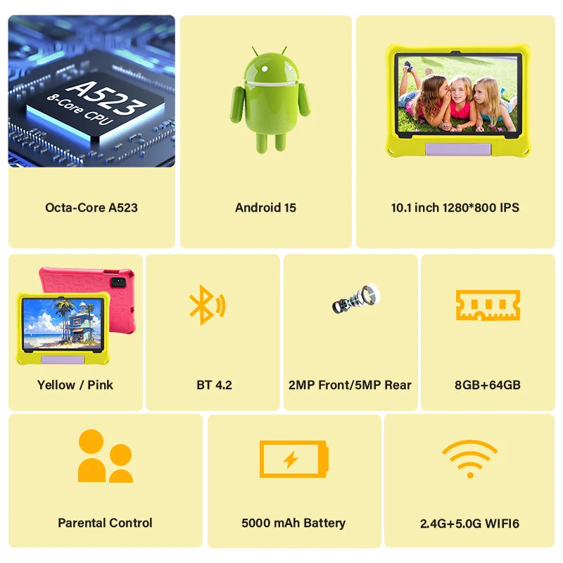 10.1 inch Android 15 Kids Tablet 8GB(4+4 Expand) RAM 64GB ROM 5000Mah Octa-core Children Learning Educational Children's Tablets
