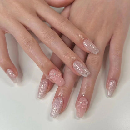 White French Short Press on Nails 3D Bowknot Designs Nude Color Fake Nails Artificial False Nails Tips for Woman DIY Manicure