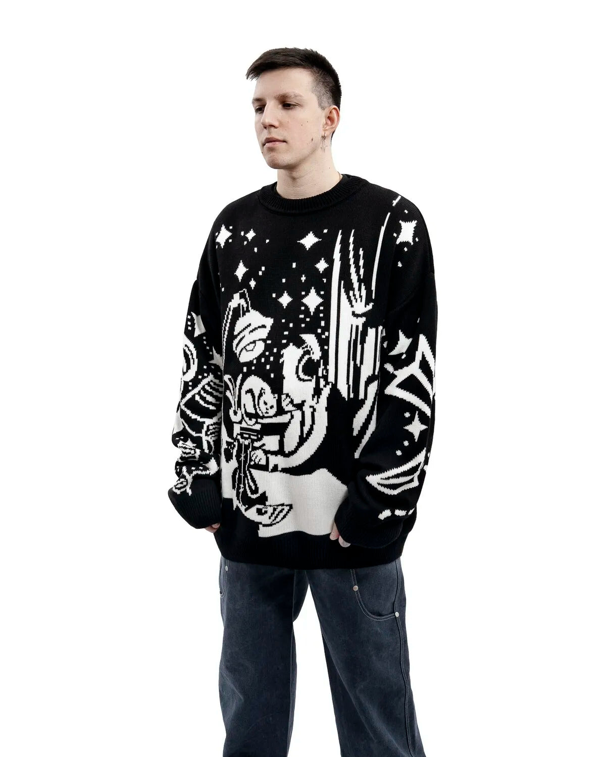 Oversized Sweaters Men Women Harajuku Anime Girl Graffiti Vintage Knitted Sweater lo-fi Winter Unisex Cotton Pullover Streetwear