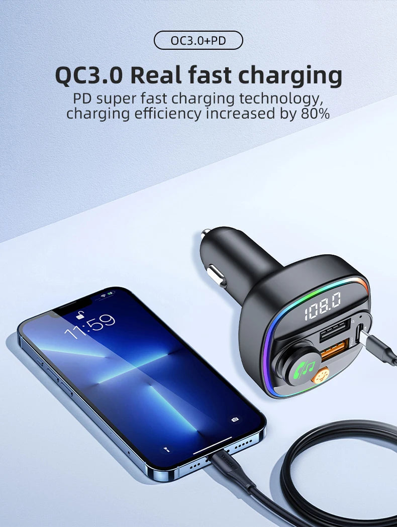 Bluetooth 5.3 FM Transmitter Handsfree Car AUX Radio Modulator MP3 Player with 22.5W & PD30W Fast Charge Adapter Car Accessories