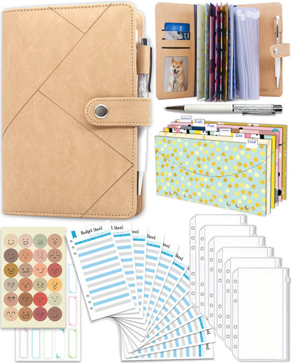 Budget Binder with Zipper Envelopes, Cash Envelopes with Budget Sheets, PVC Pockets, Cash Envelopes, Stickers & Pen