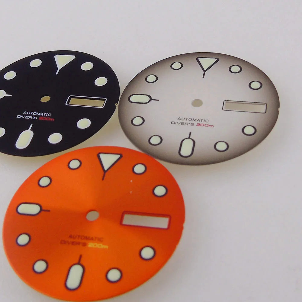 NH36 Watch Dial 29mm Weekday Date Orange/white/black Dial Face Plate Green Lume for Diver Watch Hand Set