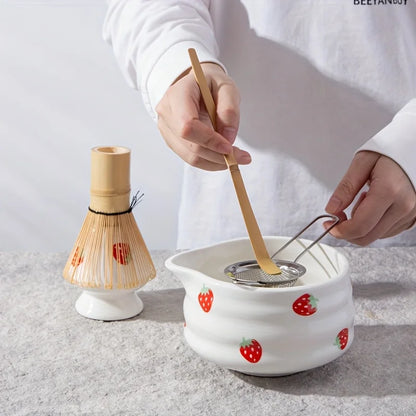 1/3/4/5pcs cute strawberry mouth matcha bowl and matcha whisk set, Japanese fresh matcha tool set and matcha bowl