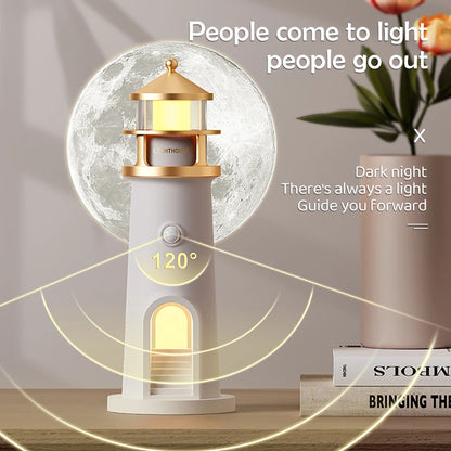 Bluetooth White Lighthouse Noise Music Night Light Dimmable Decorative Sensor Beside Nightlights Moon Projection Desktop Lamp