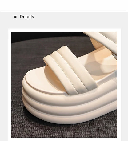 2025 Summer Women Chunky Sandals Leather High Platform Trainers Breathable Casual Slippers Shoes Woman 8.5CM Heels Wedge Sneaker