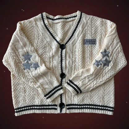 Autumn Leaves Cardigan Women Beige Knitted Cardigans with Red Maple Leaf Embroidery Folklore Girl Oversized Sweaters Tops Y2k