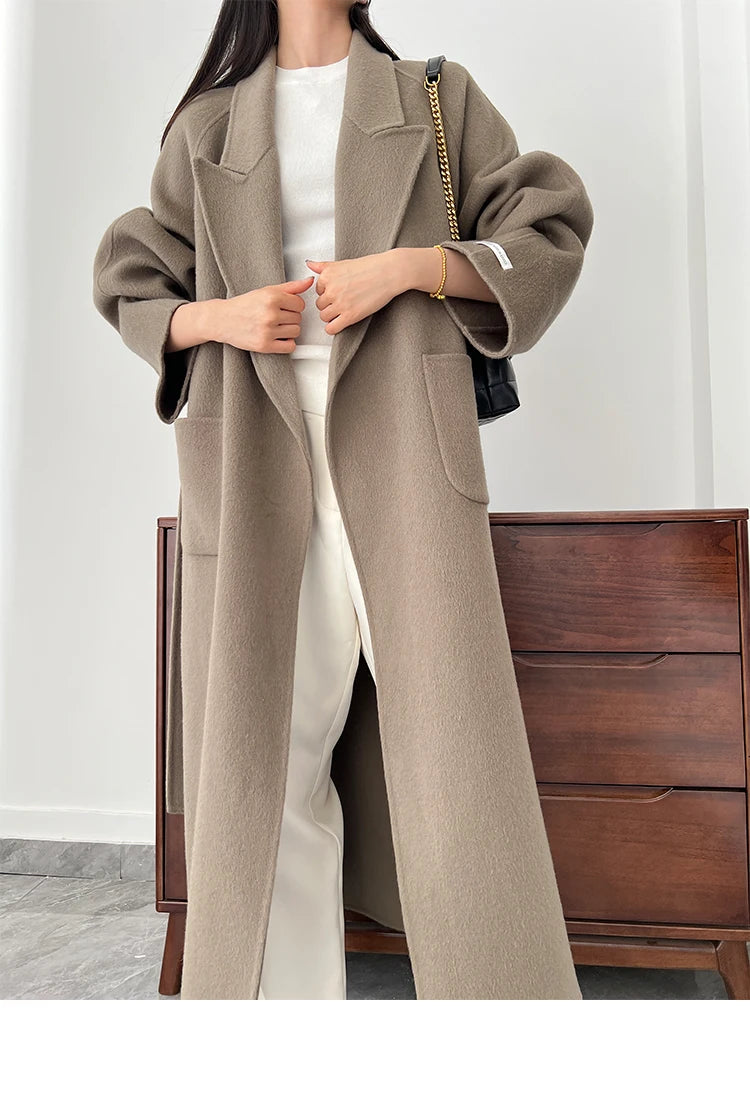 Office Lady Woolen Jackets 2024 Autumn And Winter Bathrobe Style Pocket Double-Sided Loose Lace -Up Tie Women's Long Wool Coats