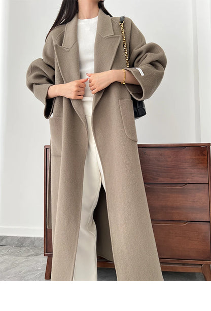 Office Lady Woolen Jackets 2024 Autumn And Winter Bathrobe Style Pocket Double-Sided Loose Lace -Up Tie Women's Long Wool Coats