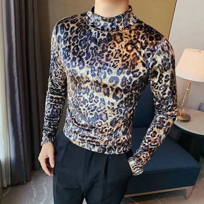 Mens T-shirt Long Sleeve Leopard Print Stretch Skinny Gym Shirt High Neck Base Shirt for Men