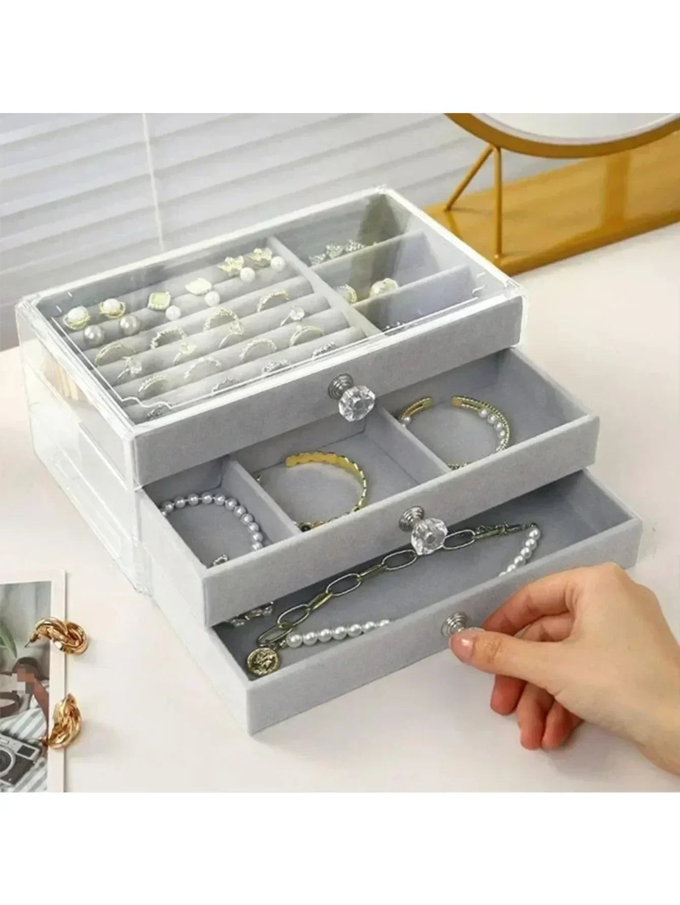 Organizer Box  Acrylic Velvet Jewelry Organizer with 3 Drawers Stackable Display Storage Earrings Necklace Bracelets Box Holder