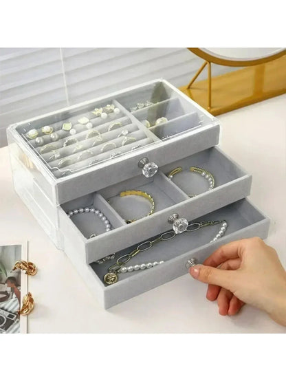 Organizer Box  Acrylic Velvet Jewelry Organizer with 3 Drawers Stackable Display Storage Earrings Necklace Bracelets Box Holder