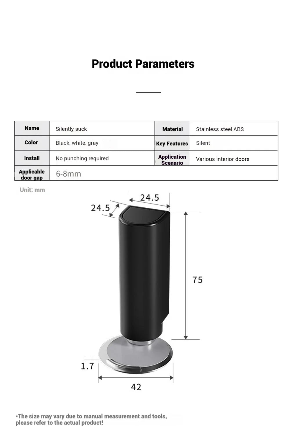 Stainless Steel Magnetic Door Stopper, Gray Black Nail Free Door Base, Door Hardware Door Close Prevention Door Stop Door Closer