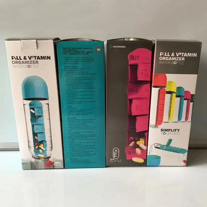 Portable Water Bottle with Built-in Pill Box for Medicines, Vitamins, Perfect for Outdoor, Gym, Fitness, Camping and Traveling