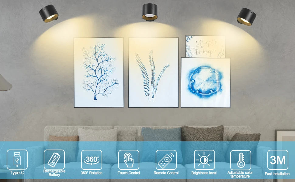 Led 2 in 1 Wall Lights Touch Control 2000mah Battery Usb Recharge 360° Rotatable Wireless Portable  Bedroom Reading Night Lamp