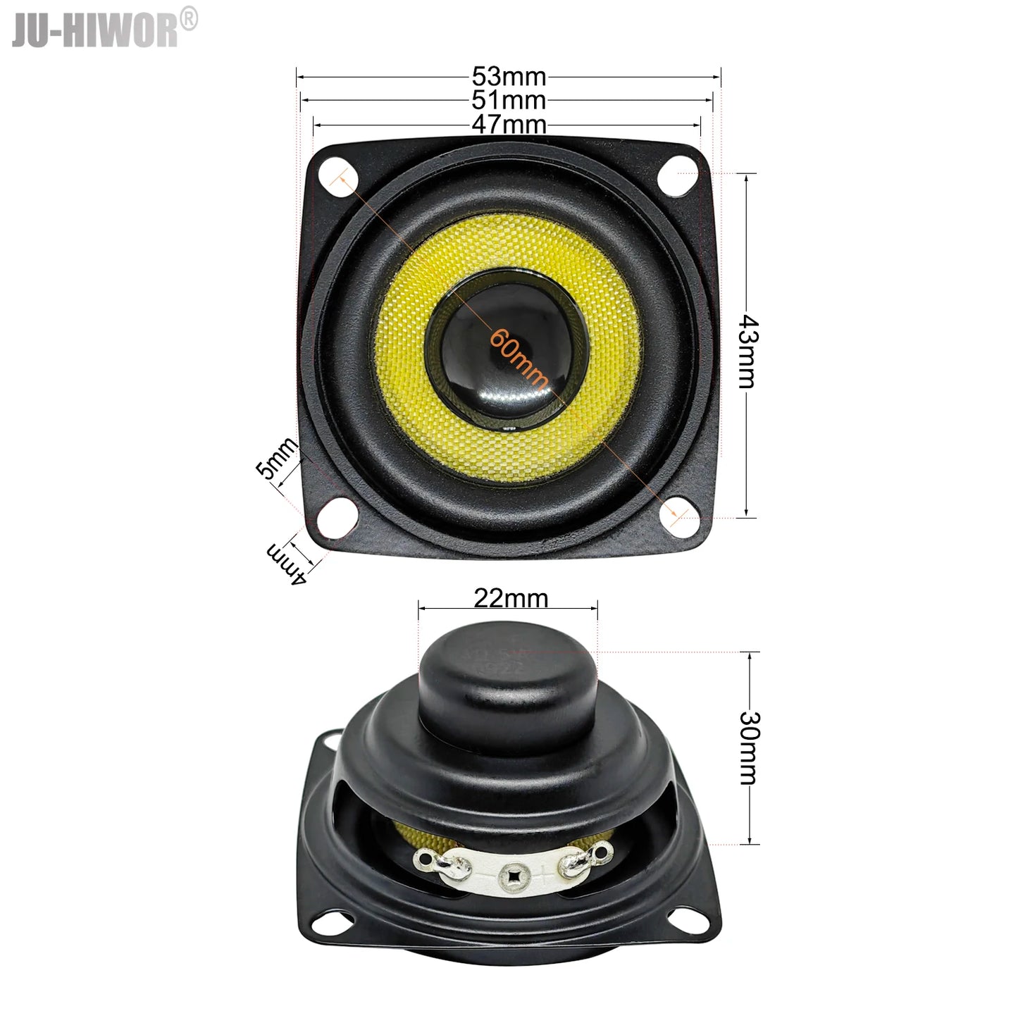 2pcs 4 Ohms 5W 53mm Square 16 Core Dual Neodymium Magnetic Waterproof Speaker 2 inch Yellow Glassfiber bluetooth Loudspeaker