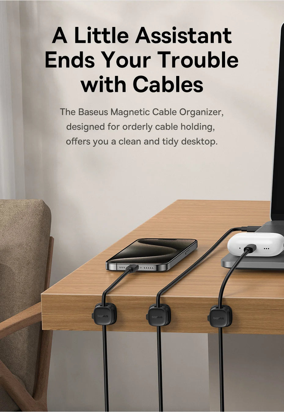 Baseus Cable Organizer Holder Magnetic Cable Smooth Adjustable Cord Holder Under Desk Cable Management Wire Keeper Cable Clips