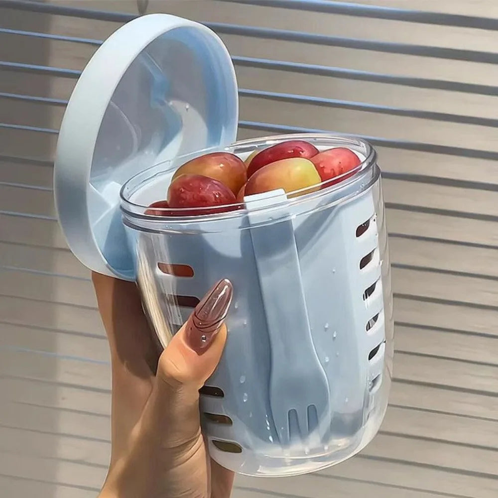 Salad Cup With Fork Cylindrical Plastic Fruit Cup Multifunctional Drainage Function Salad Container, Portable Lunch Box