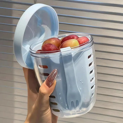 Salad Cup With Fork Cylindrical Plastic Fruit Cup Multifunctional Drainage Function Salad Container, Portable Lunch Box