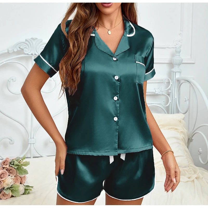 Women Silk Satin Pajamas Set Two-piece Pj Sets Sleepwear Loungewear Button-Down Pajama Women 2 Piece Pijama Homewear Shorts Set