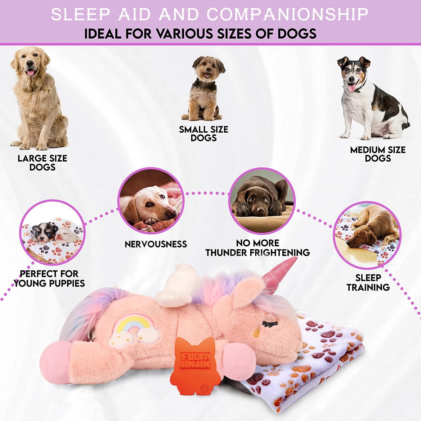 PETFULED Unicorn Heartbeat Dog Toys Plush Toys Comfort Puppy Toys Stress Reducing Sleep Aid Crate Toys, Durable Chew Toys for Do
