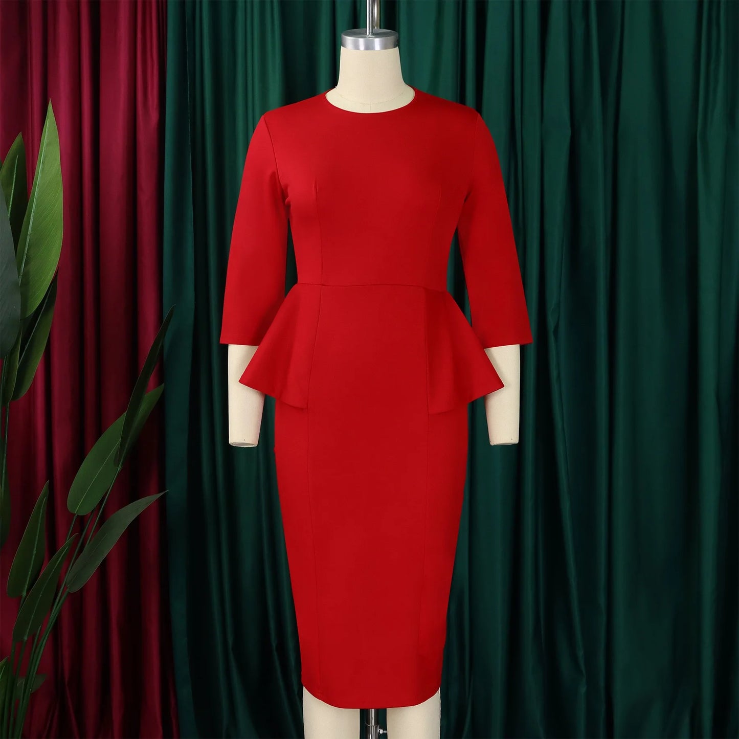 Elegant Office Dresses for Woman O Neck Full Sleeve Sheath Ruffles Package Hips Mid Calf Professional Business Work Dress Midi