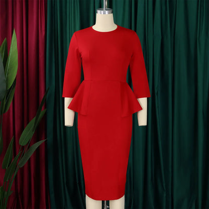 Elegant Office Dresses for Woman O Neck Full Sleeve Sheath Ruffles Package Hips Mid Calf Professional Business Work Dress Midi