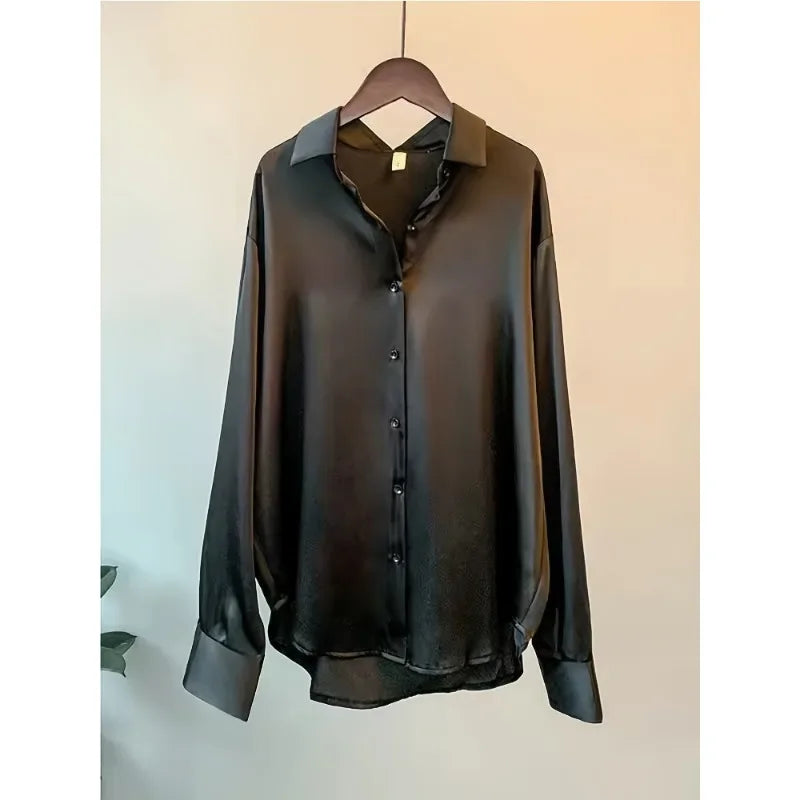 Fashion Casual Office Lady Silk Blouses Autumn Long Sleeve Button Up Shirt Women Elegant Winter Tops  Office Lady Acetate Blouse