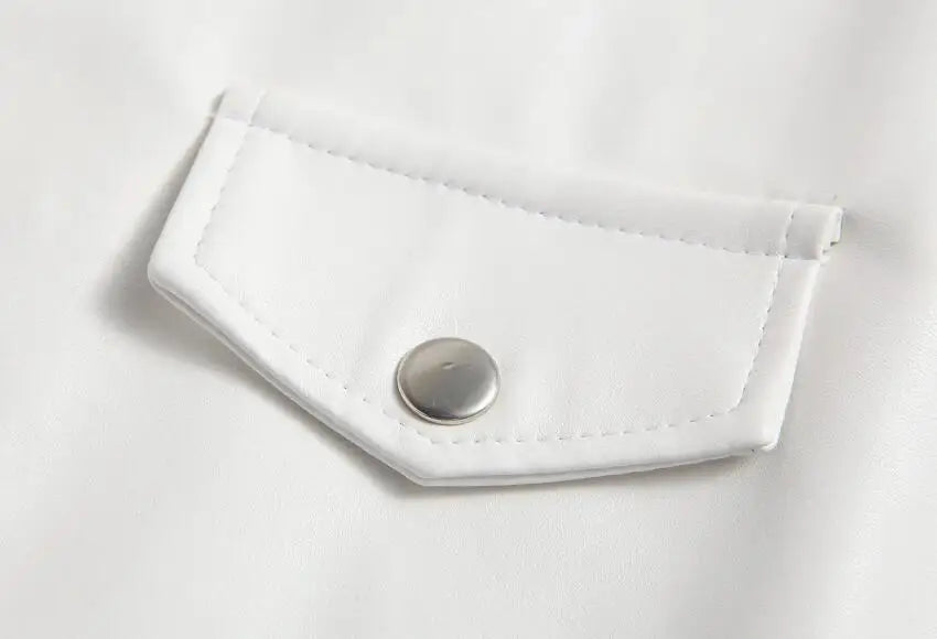 White Leather Jacket Men Fashion Solid Long Sleeve Turn-down Collar Mens Coat