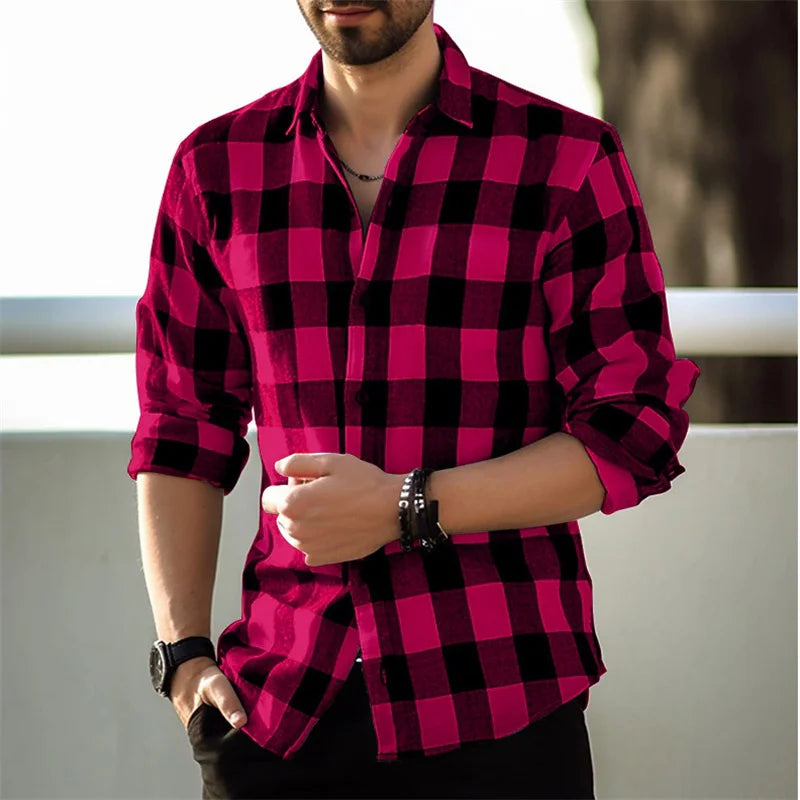 Fashion Style Black And White Plaid Shirt Men's Long-sleeve Shirt Summer New Button Lapel Shirt Street Loose Casual Top Clothing