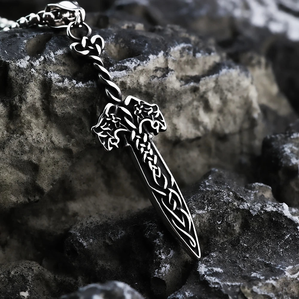 Viking Pendant Double Wolf Celtic Knot Rune Sword Men's Pendant Fashion Stainless Steel Jewelry