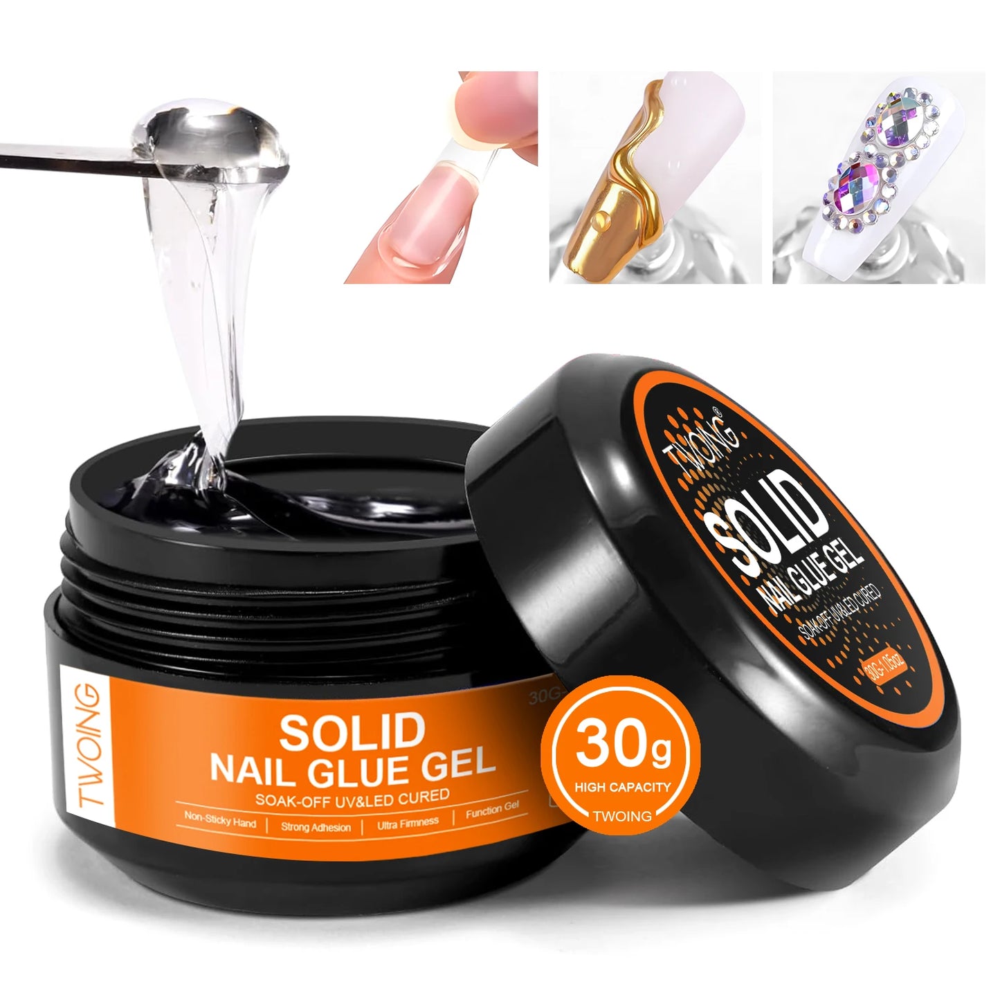30g Solid Nail Glue Gel for False Nail Tips, Huge Capacity Press on Nail Glue Strong Adhesive Solid Rhinestone Glue Gel UV Glue
