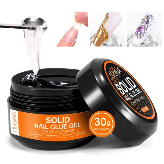 30g Solid Nail Glue Gel for False Nail Tips, Huge Capacity Press on Nail Glue Strong Adhesive Solid Rhinestone Glue Gel UV Glue