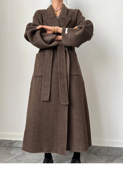 Office Lady Woolen Jackets 2024 Autumn And Winter Bathrobe Style Pocket Double-Sided Loose Lace -Up Tie Women's Long Wool Coats