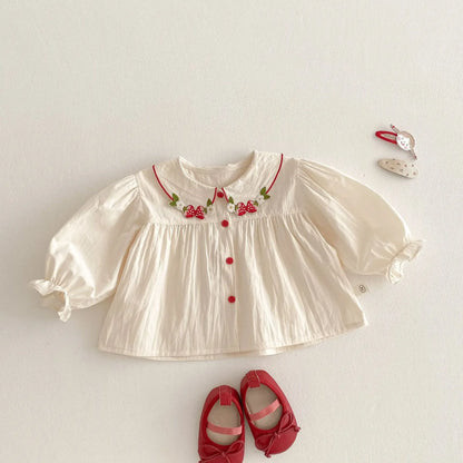 Girls Fashion Shirt 2025 New Spring Baby Korean Long Sleeve Shirt Children Spring Strawberry Peter Pan Collar Top