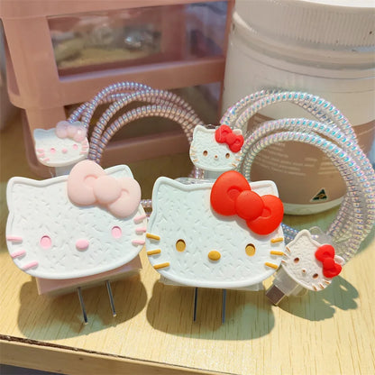 Cute Cartoon Hello Kitty Cable Protector For iPhone / iPad 18W/20W Charger Case Phone Wire Cord Organizers Charger Adapter