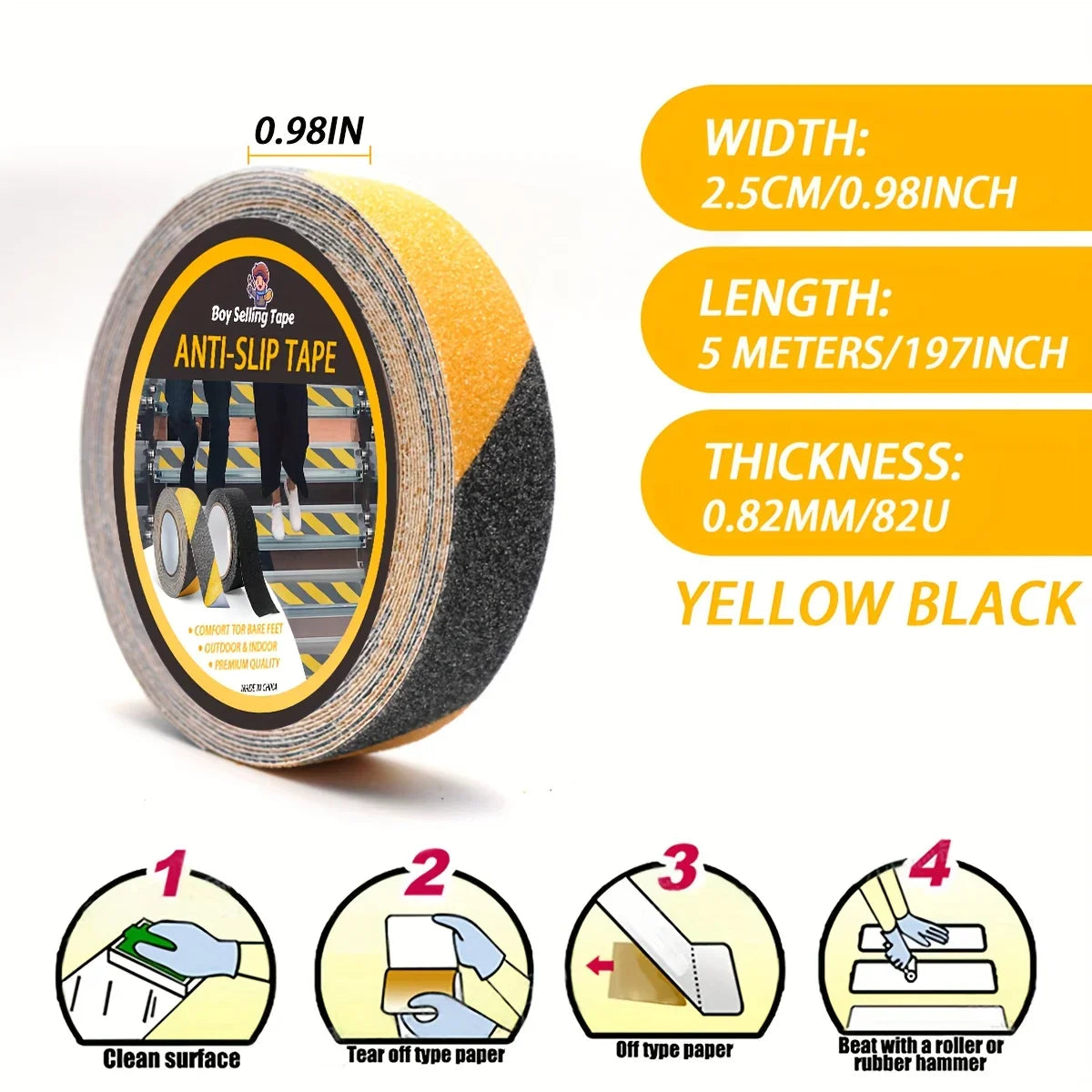 Anti slip safety tape， used for anti slip of stairs and steps, strong ground grinding tape  (Yellow/black)hazard warning tape