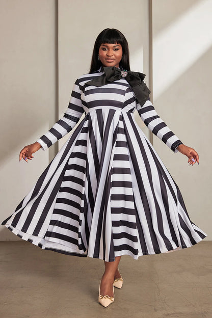 Plus Size Semi Formal Maxi Dresses Elegant Black White Striped Fall Winter Mock Neck Long Sleeve Bow Tie Knitted Maxi Dresses