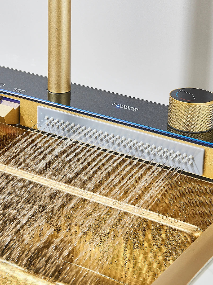 304 Stainless Steel Waterfall Kitchen Sink Large Single Slot Integrated Digital Display Faucet Set Soap Dispenser Cup Washer