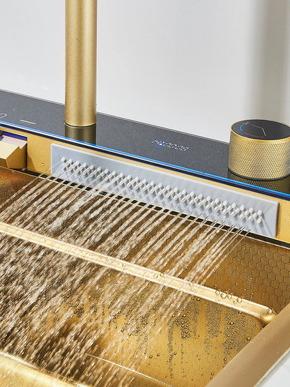 304 Stainless Steel Waterfall Kitchen Sink Large Single Slot Integrated Digital Display Faucet Set Soap Dispenser Cup Washer