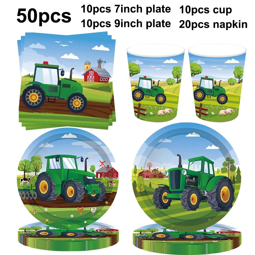 Farm Green Tractor Supplies Tractor Balloons Banner Hanging Swirl Cupcake Toppers Tractor Farm Themed Birthday Party Decorations