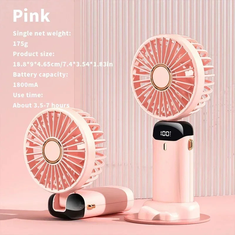 Handheld Neck Hanging USB Mini Fan Foldable Portable 5 Speed Rechargeable Fan With Phone Stand And LED Display Screen