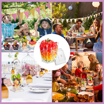 50Pcs Mini Dessert Cups with Lids Spoons 2oz/60ml Mini Reusable Dessert Pots Clear Plastic Cup Washable Dessert Square Cups