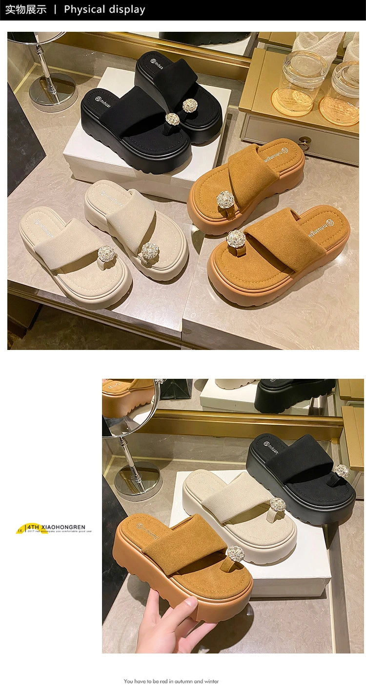 7cm Shiny Rhinestone High Platform Slippers Women Butterfiy-Knot Heels Chunky Sandals Woman Summer Thick Bottom Wedges Slides