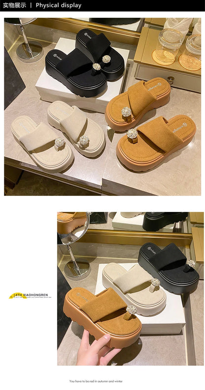 7cm Shiny Rhinestone High Platform Slippers Women Butterfiy-Knot Heels Chunky Sandals Woman Summer Thick Bottom Wedges Slides