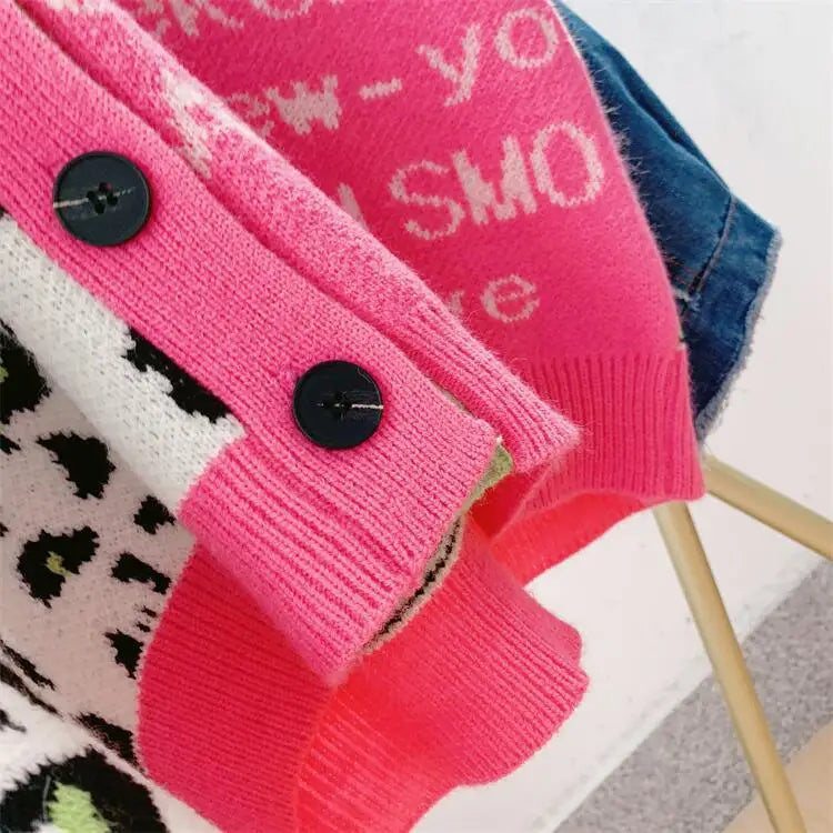 Joskaa Women Knitted Oversized Sweaters Y2k Denim Patchwork Leopard V-neck Long Sleeve Cardigans Coat Female Outwear Streetwear