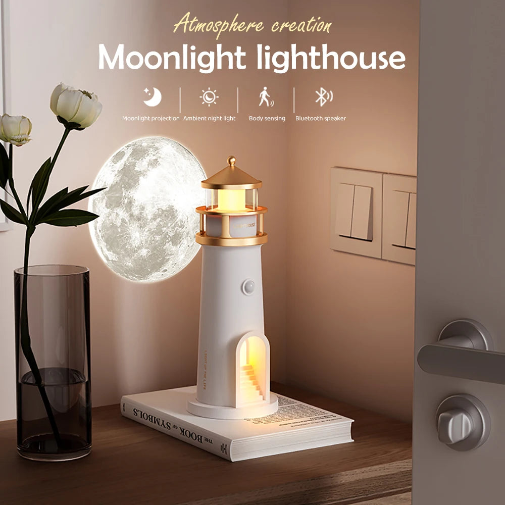 Bluetooth White Lighthouse Noise Music Night Light Dimmable Decorative Sensor Beside Nightlights Moon Projection Desktop Lamp